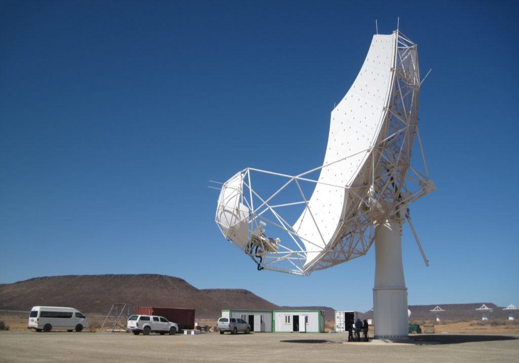 The SKA-MPI dish prototype in South Africa. The prototype dish is the first to be assembled on site, funded by Germany's Max Planck Institute for Radio Astronomy. Credit: SKAO